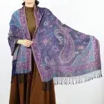 "Rich sapphire blue pashmina scarf with detailed cashew pattern – luxurious and vibrant