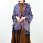 "Rich sapphire blue pashmina scarf with detailed cashew pattern – luxurious and vibrant
