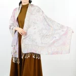 Classic wool white pashmina wrap with intricate cashew pattern – modest and versatile